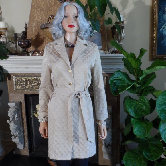 St. John Sport Beige Jacquard Logo Print Belted Trench Coat...